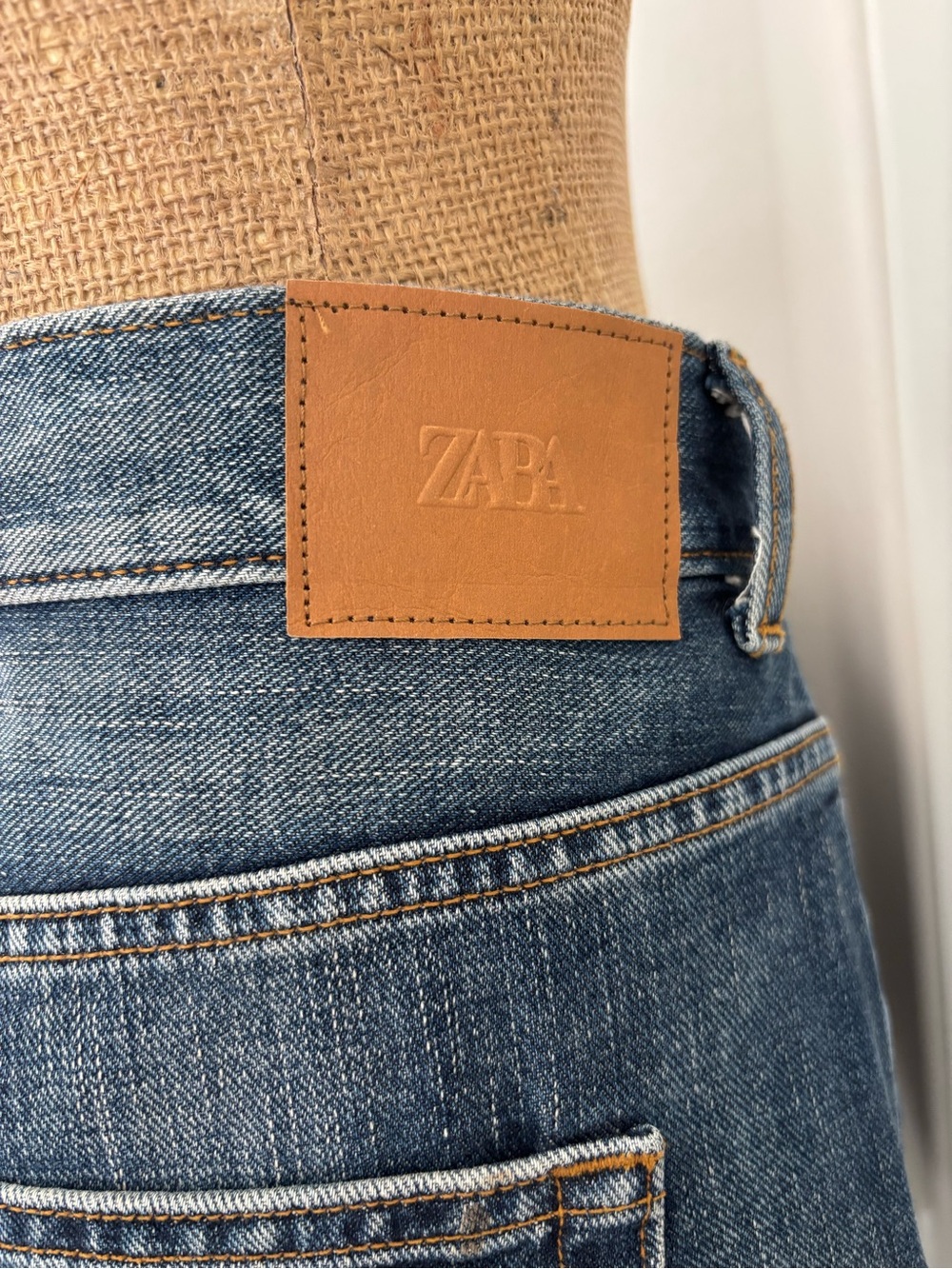 Zara Wide-Leg Mid Rise Blue Jeans with Leather Patch
